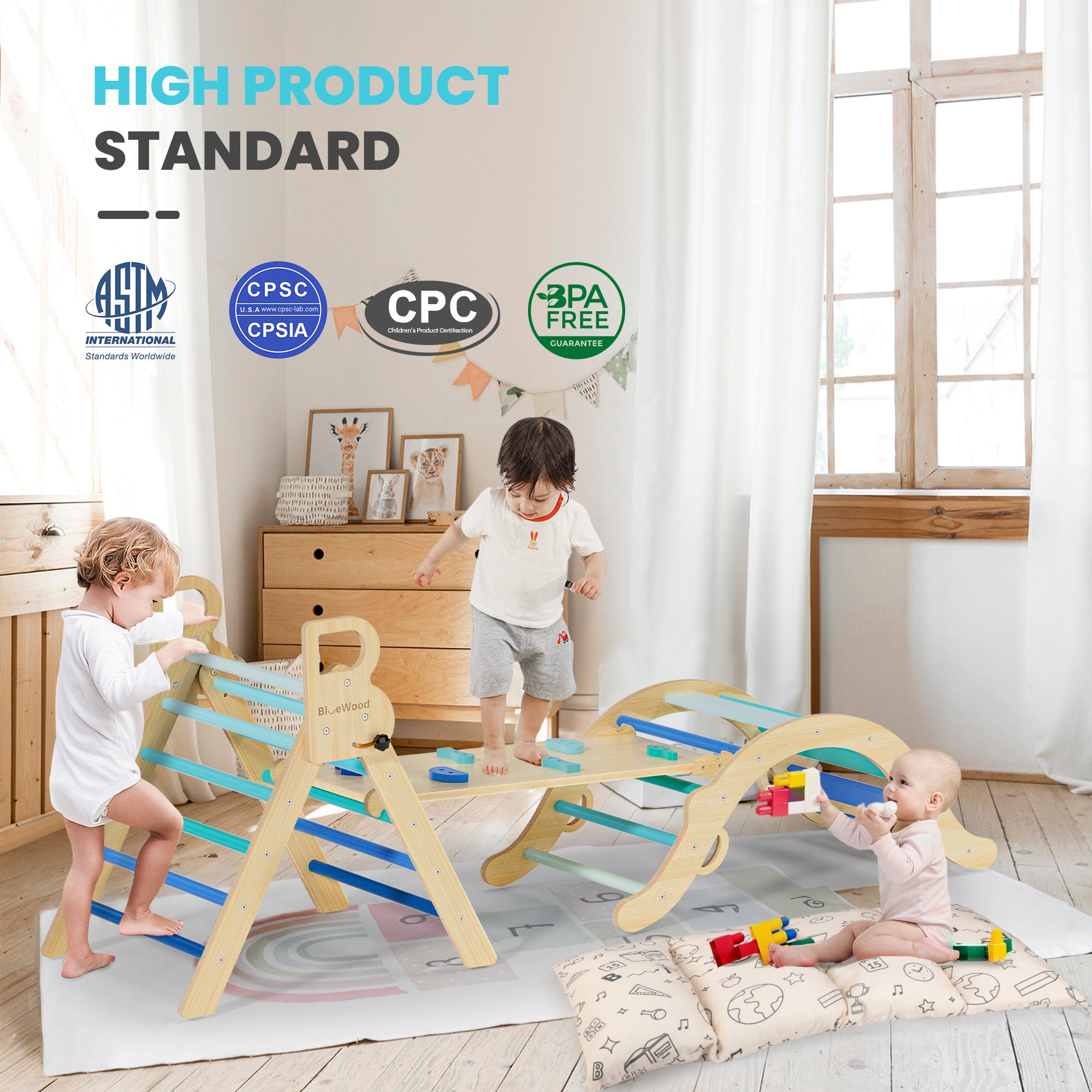 Totsicle- Juego triangular Pikler BlueWood® con cojín *Azul degradado